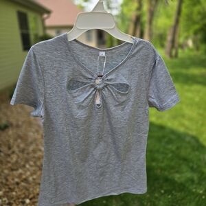 Gray Short Sleeve Tee with Bow Detail